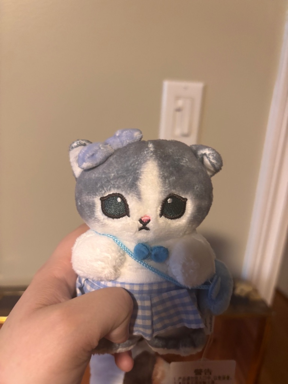 Plush Gray & White Cat Toy with Blue Outfit